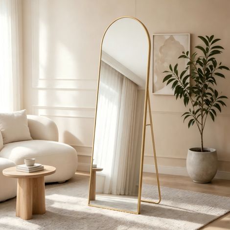 Miroirs pleine longueur 165 x 60 cm, miroir de sol sur pied,Miroir Complet arqué,Miroir de Sol, Grand Miroir sur Pied bombé,Debout ou Appuyé Contre,cadre dorée arc,pour chambre à coucher,salon,entrée