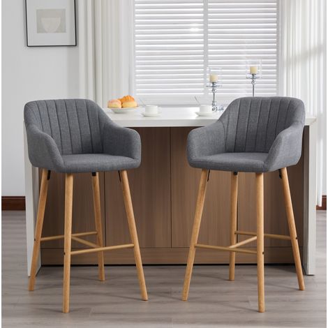 Set 2 sgabelli da bar grigi in lino con schienale alto e braccioli, 58,5 x 55 x 104 cm (1/5)
