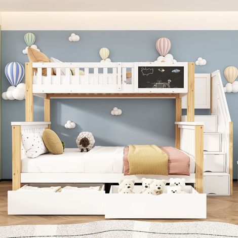 Lit superposé enfant - KOMHTOM - Multifonction - Evolutif 90x140/200 cm - Rangement tiroirs & escalier - Blanc/chêne clair (1/5)
