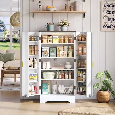 Credenza alta 120x60.5x40 cm bianca in MDF con ante scanalate, ripiani regolabili e luce LED con sensore (1/5)