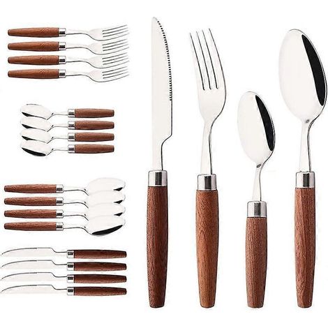 Ensemble de couverts en acier inoxydable avec manche imitation bois, couteau, fourchette et cuillère à café de style occidental (1/5)