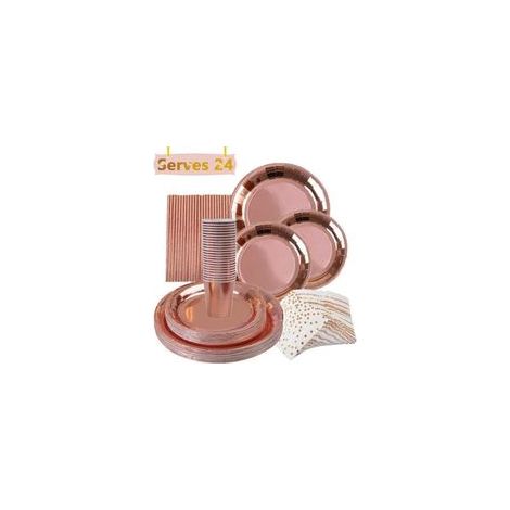 146-teiliges Einweggeschirr-Set in Roségold, bestehend aus robusten Speisetellern, Pappbechern und Servietten sowie dekorativen Strohhalmen, für Geburtstage, Hochzeiten und Babypartys. (1/5)