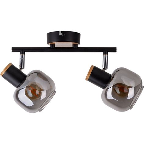 Plafonnier 2 Spots en Métal Noir Verre Fumé et Bois pour Salon et Bureau 40 x 20 cm - PANGIVO (1/5)