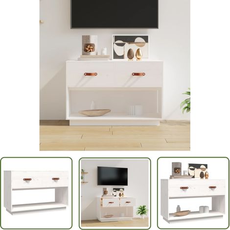 The Living Store Meuble TV Blanc 90x40x60 cm Bois de pin massif - Meubles Tv - Meuble Tv - Support Tv - Unité Tv - Meuble Blanc (1/5)