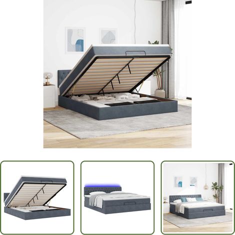 vidaXL LED-Beleuchtung - Ottoman-Bett mit Matratze & LEDs Dunkelgrau 180x200 cm Samt (1/5)