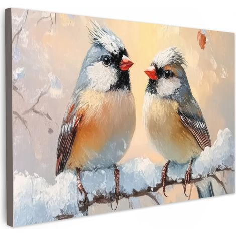 TABLEAU SUR TOILE Oiseaux - Branche - Hiver - Neige Tableau Cuisine Décoration murale 90x60 cm