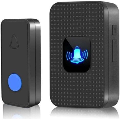 Kabellose Mini-Türklingel, IP55 wasserdicht, elektronisches Gongset für den Außenbereich mit 150 m Reichweite, 38 Melodien in 5 Lautstärkestufen, blaue LED für Zuhause, Büro, Hotel, Notfälle, Schwarz