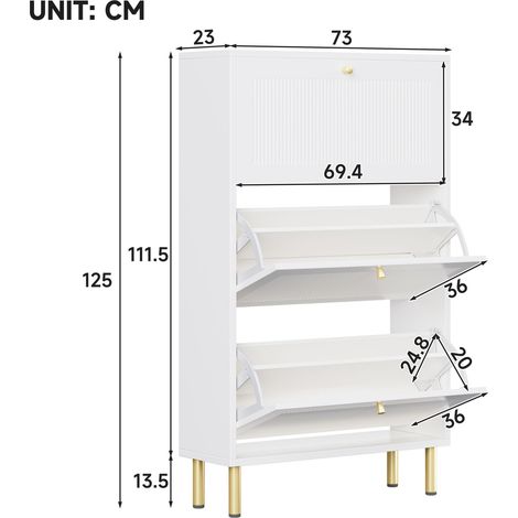 Armoire à chaussures étroite blanche 73×23×125 cm. 3 portes nervurées à charnières et 6 étagères,design contemporain pour l’entrée. (1/5)