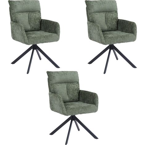Home Deluxe Sedia da pranzo con braccioli ALUNA Chenille - Set di 3 Verde