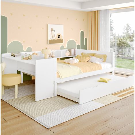 Cama doble moderna 140x200 cm de pino y paneles de madera, blanca, con escritorio, cama nido y estanterías (1/5)