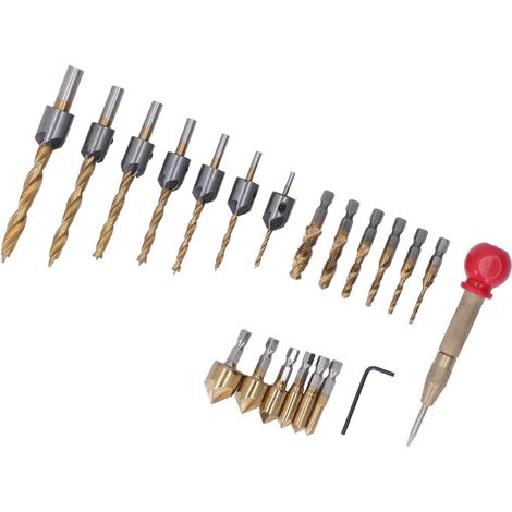 Kit de 20 forets à chanfreiner plaqués or titane, avec clé hexagonale et poinçon central. (1/5)