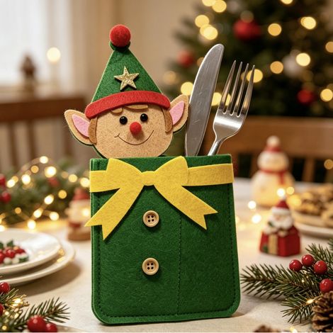 Décorations de Noël – Set de couverts « Elfes » – Pochette de table de Noël pour couverts avec motifs de dessins animés – Modèle « Elfes » (1/3)