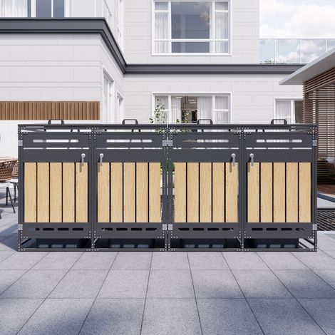 Lot de 4 cache-poubelles avec couvercle hydraulique, revêtement vertical effet bois, ventilation à fentes longues, armoire de jardin en métal avec serrure