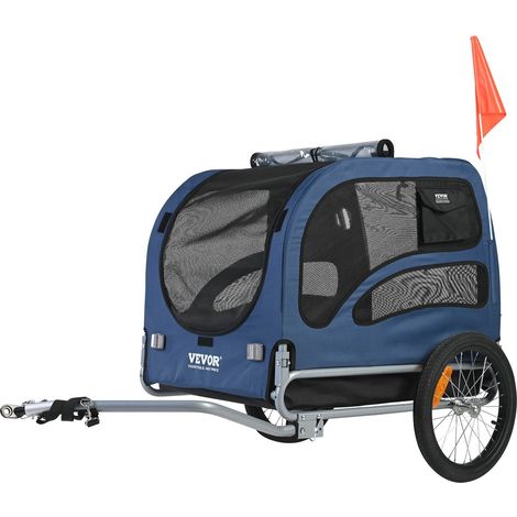 Remorque vélo pour chien, capacité 45 kg, porte-animal pliable avec roues amovibles, attache universelle, réflecteurs et drapeau, bleu/noir. (1/5)