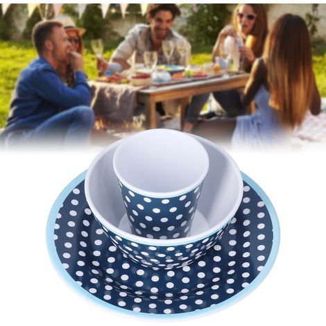 Ensemble de 3 pièces pour salade : assiette, bol et tasse à points bleu foncé
