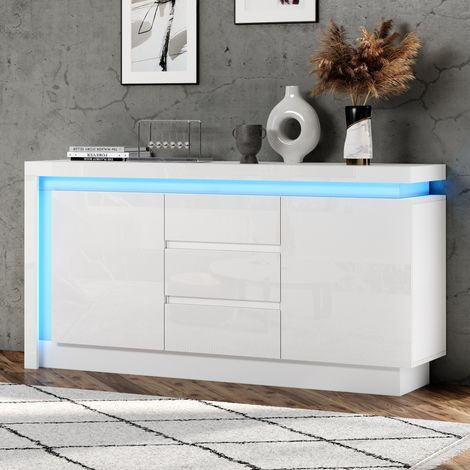 Weiße Anrichte 140 x 35 x 72 cm mit 3 Schubladen, 2 Türen und LED OKMYHOME (1/5)