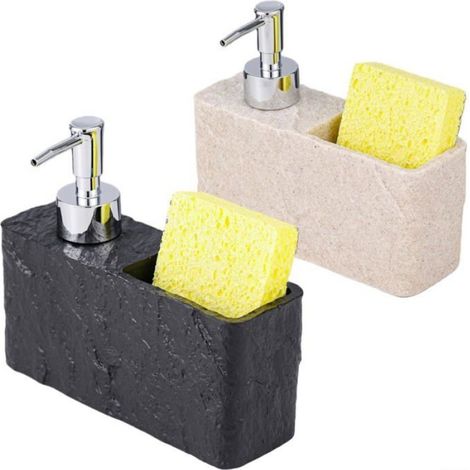 1 Distributeur savon, Porte-éponge résine stable, Noir, pour cuisine salle de bain plan de travail (1/5)