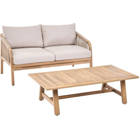 Garden Sofa with Coffee Table Light Acacia Wood Light Beige Cushions 2 Seater Modern Design Outdoor SUMBA (1/5)