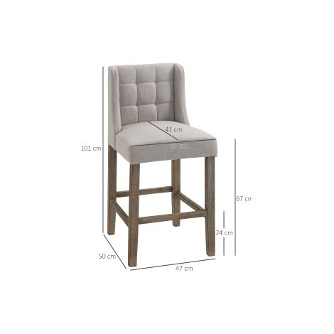 Lot de 2 tabourets de bar gris et naturel en bois massif avec dossier capitonné et repose-pieds (1/5)