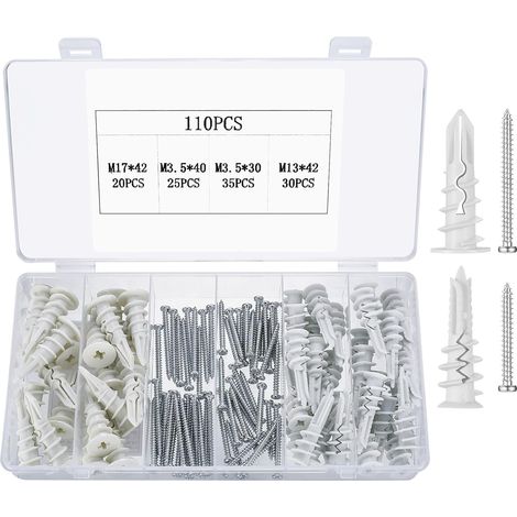 110 x Wall Plugs for Plaster Plates and Concrete Screws, Self-Drilling Metal Dowels with Self-Drilling Screws, Concrete Dowels and Screws Dowels for Plaster Plate Fixings Concrete Bricks (White) (1/5)