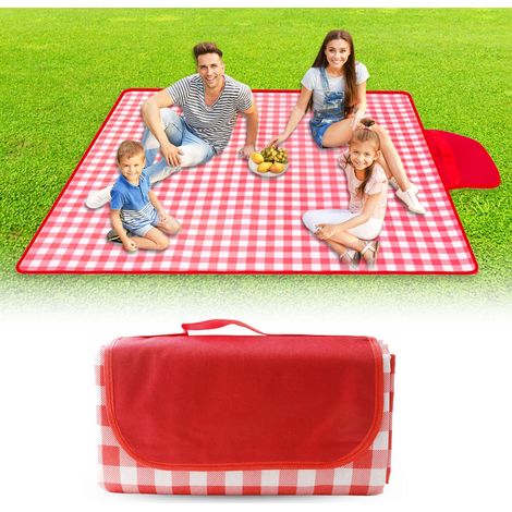 Couverture de pique-nique imperméable - Rouge et blanc - À carreaux - 200 x 200 cm - Avec poignée de transport (1/5)