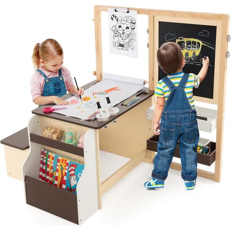 Costway – Set tavolo e panca per bambini con cavalletto a doppia faccia – Regolabile in altezza – Centro artistico in legno con rotolo di carta sostituibile (1/5)