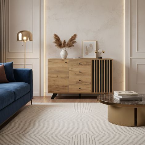 URBAN MEUBLE Buffet industriel effet bois naturel et lattes noirs avec 4 tiroirs 120x38x75cm