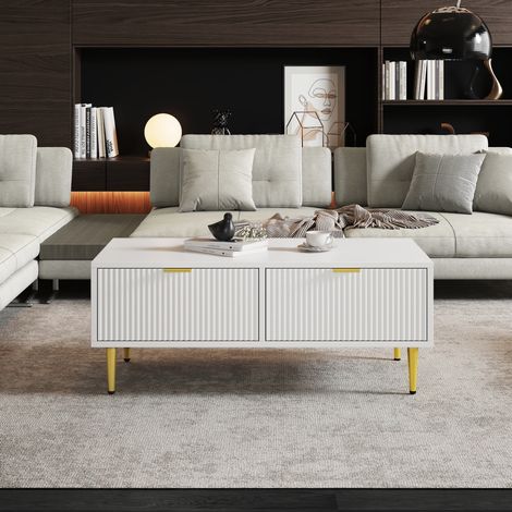 Mesa baja con 2 cajones 100 x 50 x 40 cm en MDF blanco y dorado HAVRYA (1/5)
