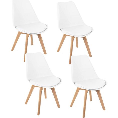 Esszimmerstühle 4er Set Weiß Kunstleder Skandinavisch Massivholzbeine (1/5)