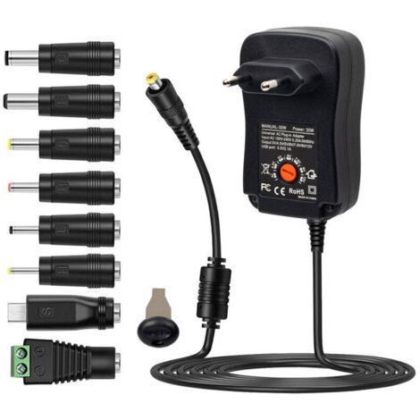 30W Universal AC to DC Power Adapter with 5V 2.1A USB Port, AC Pluggable Power Charger Adjustable Output Voltage 3V to 12V with 8 DC Adapters for Home Electronics (1/5)
