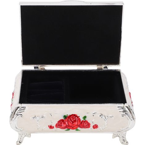 Boîte à bijoux vintage à roses en relief, alliage de zinc, velours doux, couleurs vives, finition glossy, petite taille sécurisée - Modèle Blanc Argenté et Roses Rouges (1/5)