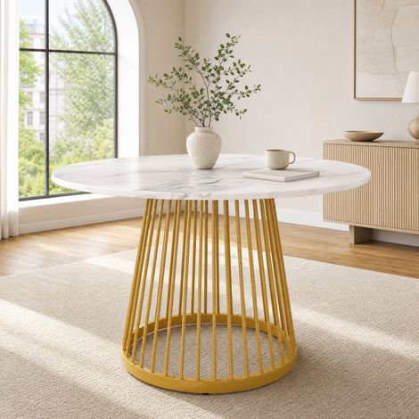 Runder Esstisch MDF in Weiß mit Metallgestell Gold, Ø 80 x 76 cm, mit verstellbaren Füßen (1/5)
