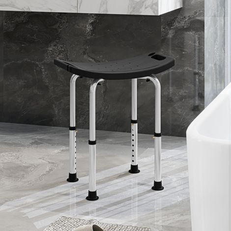 Sgabello/sedia da doccia per anziani con altezza regolabile, in alluminio antiscivolo, portata massima 135 kg, colore nero.