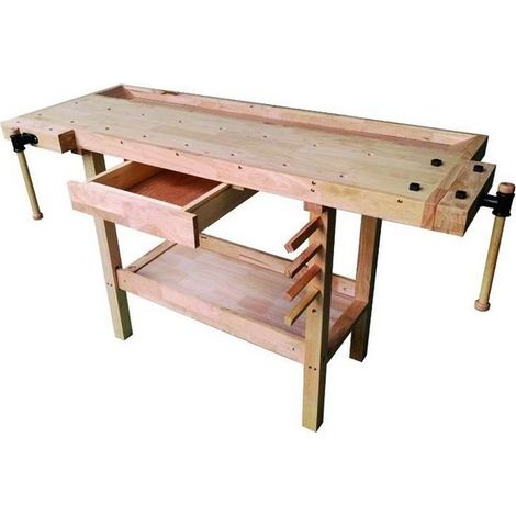 Vigor – Établi modulable en bois 149x62x86 cm – Charge maximale 150 kg – 1 étagère intermédiaire et tiroir – 4 supports pour outils et 2 mors
