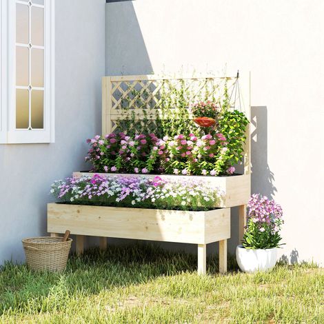 Zweistöckiger Pflanzkasten mit Rankgitter und Blumenkasten aus Vliesstoff, 108 x 62 x 120 cm, Holzoptik.