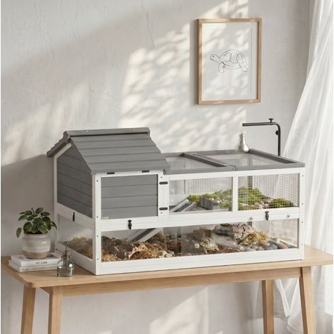 Terrario de madera gris para tortugas de dos niveles con soporte para lámpara HAVRYA (1/4)