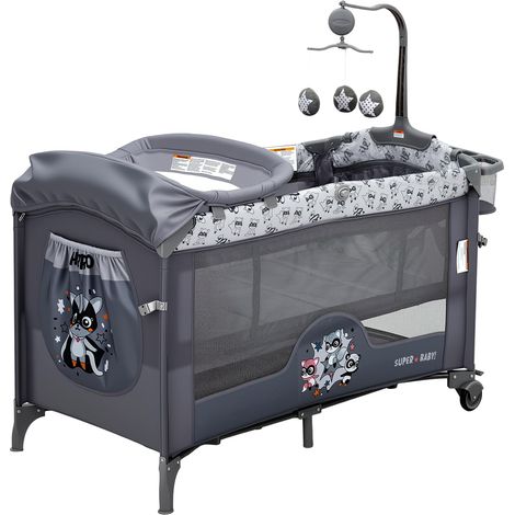 Lit bébé 5 en 1 Pliable, Hauteur Réglable, Table à Langer, Berceau Balancelle, Jouets Suspendus, Moustiquaire, Rangement, Gris Foncé (1/5)