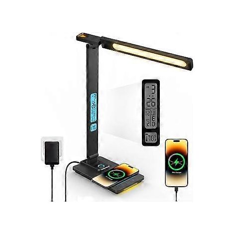 Lampe de bureau LED à intensité variable avec fonction de charge - Lampe de table avec horloge et veilleuse, chargeur sans fil 10 W, port de charge USB et lampe de bureau pliable