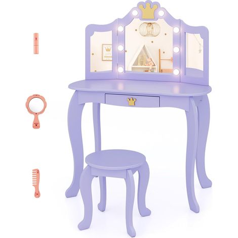 COSTWAY Set Toeletta Trucco per Bambina con Sgabello, Tavolo Trucco Triplo Specchio Staccabile con Luci LED a 3 Colori, Postazione Trucco con Cassetto e Accessori, per Bambine 3-7 Anni (Viola) (1/5)
