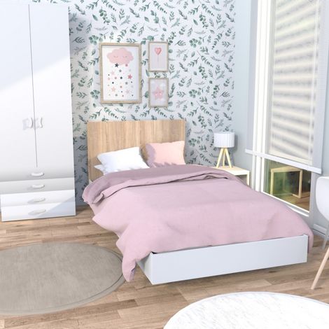 LOFT-Bett 90x190 cm + Bettkasten / Weiß & gebleichte Eiche/ 192x94x75 cm
