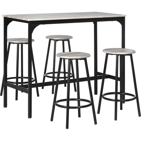 Ensemble table haute 5 pièces avec 4 tabourets en métal gris style industriel pour cuisine et salle à manger (1/5)
