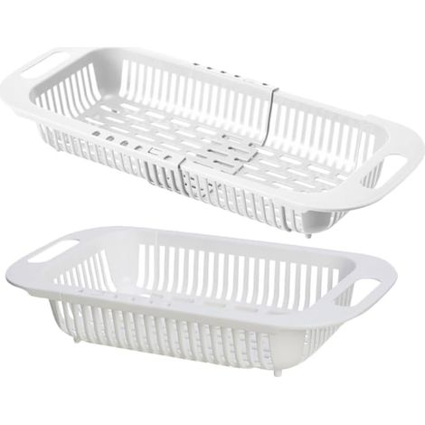 Lot de 2 Passoires d'Évier Rétractables et Extensibles en Plastique Blanc, Paniers Égouttoirs Rectangulaires pour Légumes Fruits, à Vaisselle Pratiques Cuisine, -'Parent'-'-