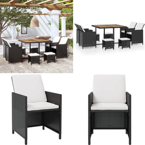 Set da Pranzo da Giardino 9 pz in Polyrattan e Acacia Nero - Tavolo da pranzo in rattan - Sedie da giardino