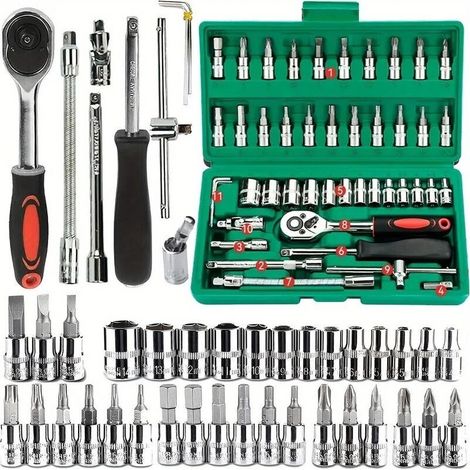 Kit d'outils ménagers 46 pièces Kit d'outils de réparation mécanique 1/4" Kit de réparation automobile Jeu de douilles et d'embouts avec supports Clés hexagonales (Allen) en pouces