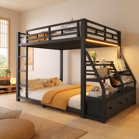 Cama litera moderna 140x200 cm de madera y metal negro con LED, estantes y 2 cajones de tela