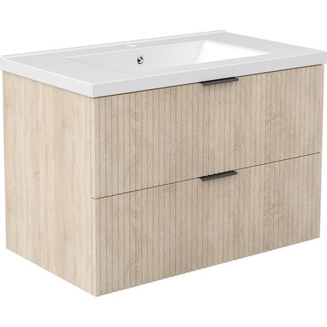 Ocean Ensemble Meuble salle de Bain Chêne Suspendu avec Vasque Céramique, 79cm