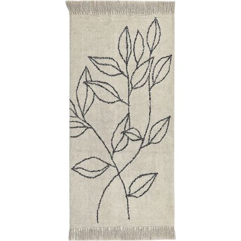 Tappeto cotone trapuntato motivo a foglie e nappe 80 x 150 cm beige e nero Sazli
