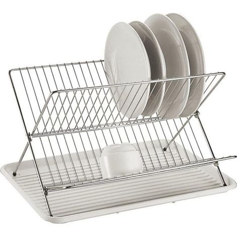 Escurridor de platos plegable de acero inoxidable de doble capa con forma de X y gran capacidad + bandeja de drenaje blanca (1/5)