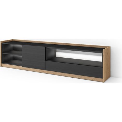 Skraut Home - Mueble TV, Televisión, Muebles de salón, almacenaje, 207x37x50cm, Para TV hasta 80", LED, Estilo Moderno, Negro y roble (1/5)