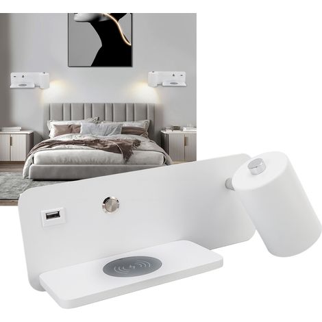 LED-Wandleuchte mit USB-Anschluss und kabelloser Ladefunktion für Handys, GU10, Hintergrundwandleuchte für Wohnzimmer, Nachttischlampe für Schlafzimmer, Leselampe, weißer Spot, rechte Seite. (1/5)